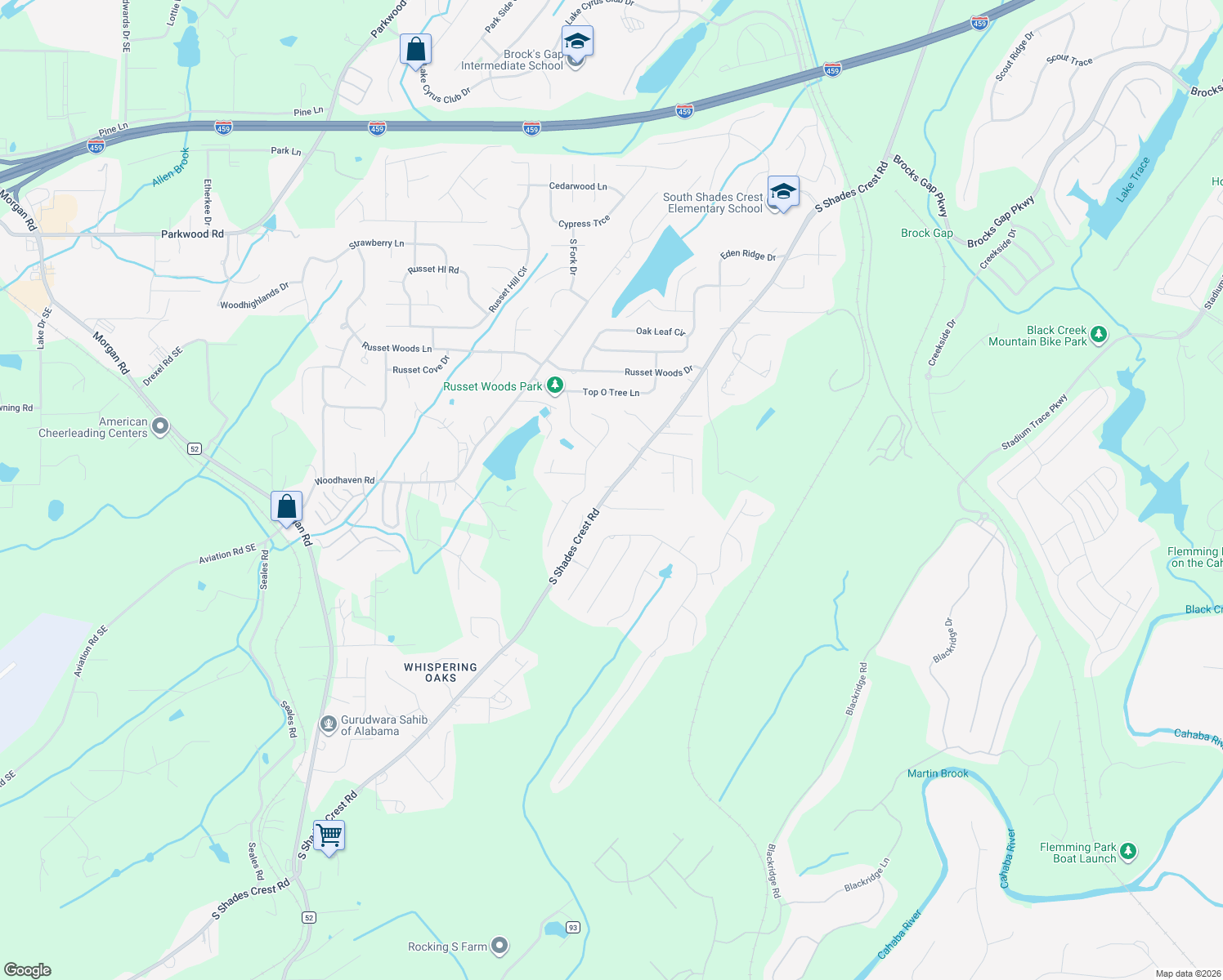 map of restaurants, bars, coffee shops, grocery stores, and more near 3989 South Shades Crest Road in Hoover
