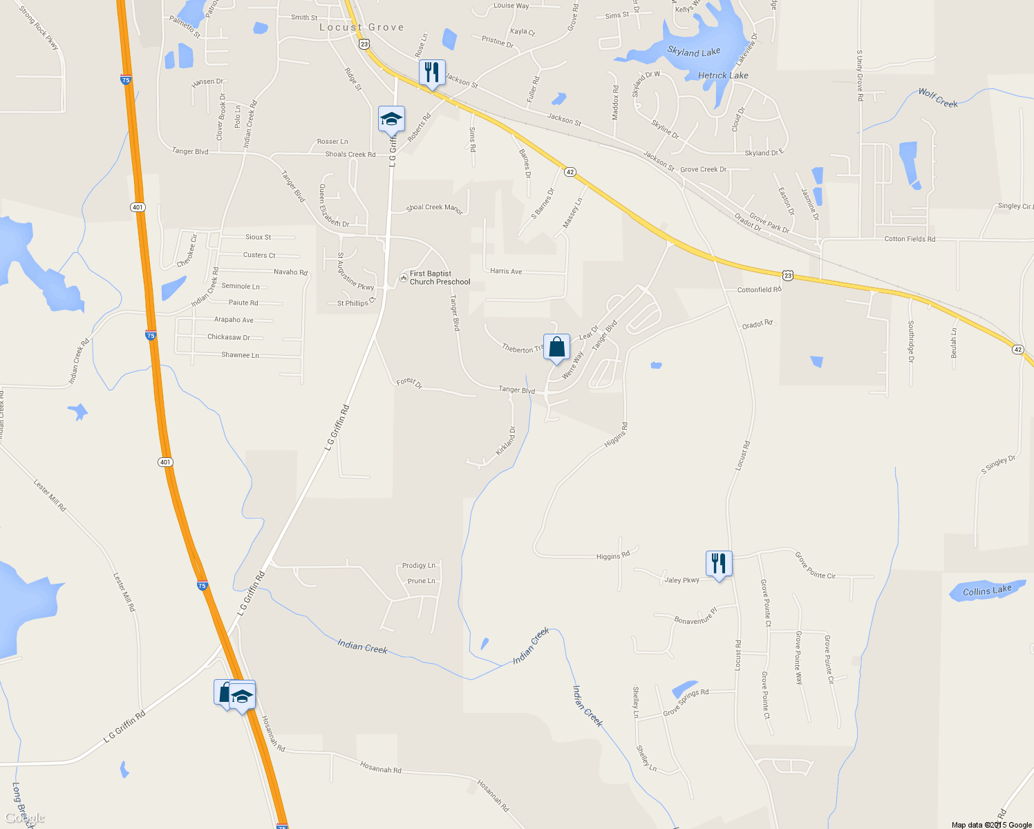 map of restaurants, bars, coffee shops, grocery stores, and more near 437 Kirkland Dr in Locust Grove