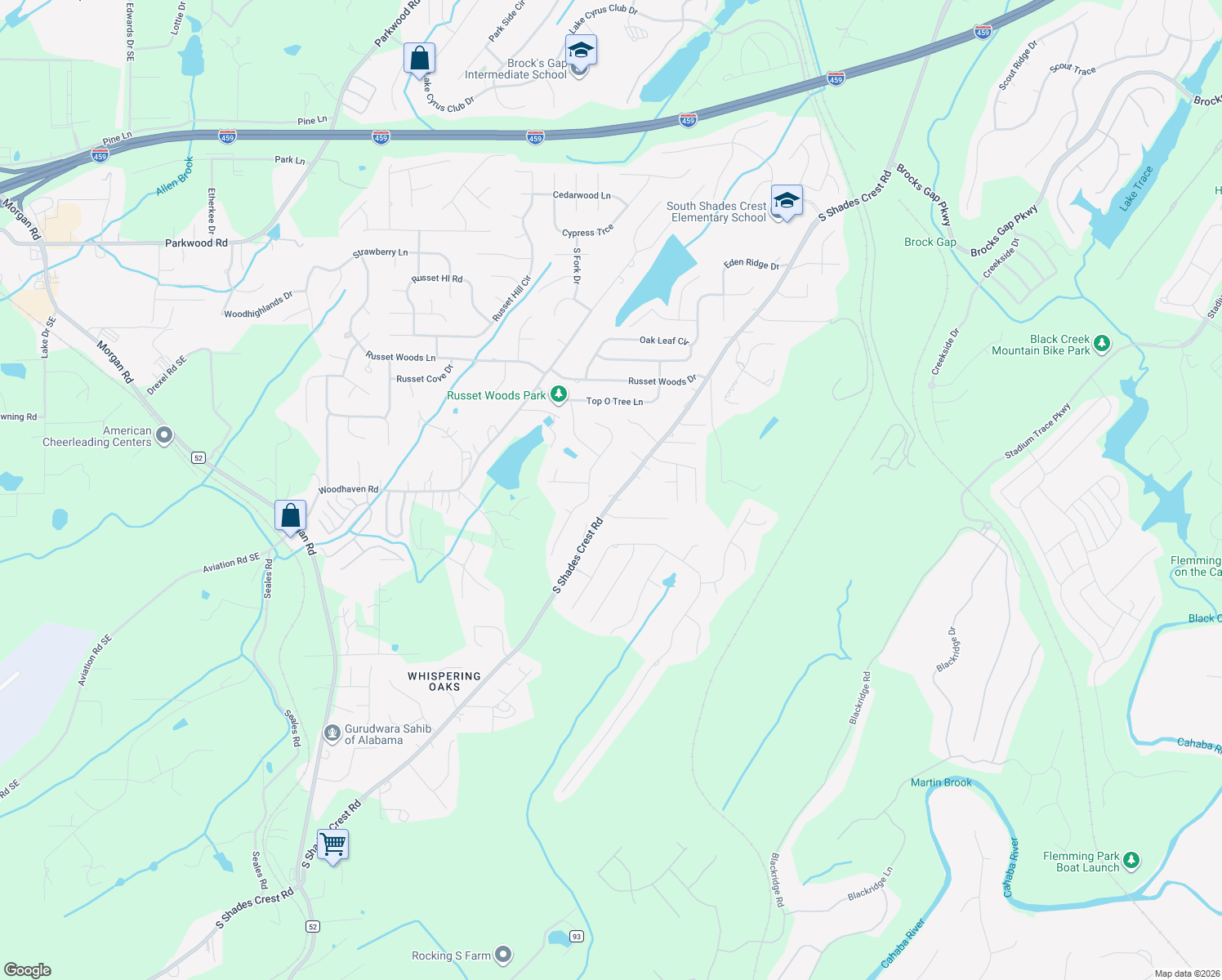 map of restaurants, bars, coffee shops, grocery stores, and more near 3989 South Shades Crest Road in Hoover