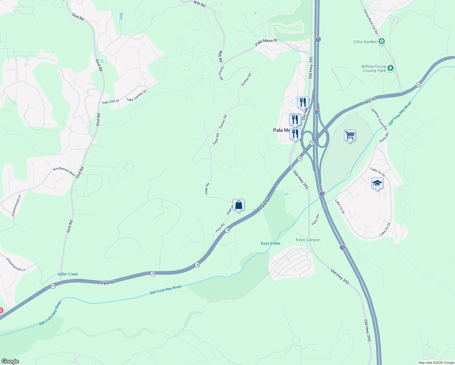 map of restaurants, bars, coffee shops, grocery stores, and more near 4417 Brodea Lane in Fallbrook