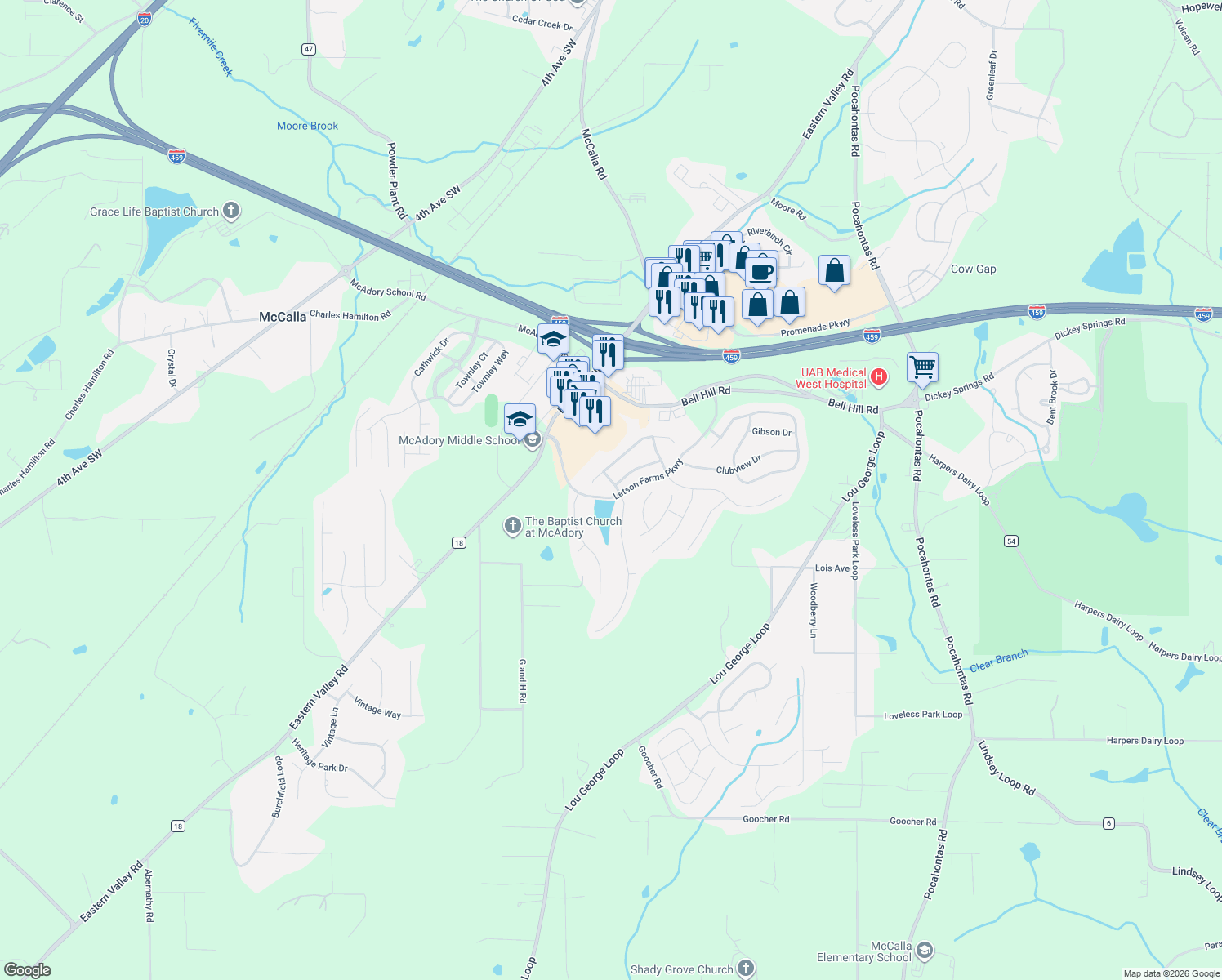map of restaurants, bars, coffee shops, grocery stores, and more near 6217 Letson Farm Trail in Bessemer