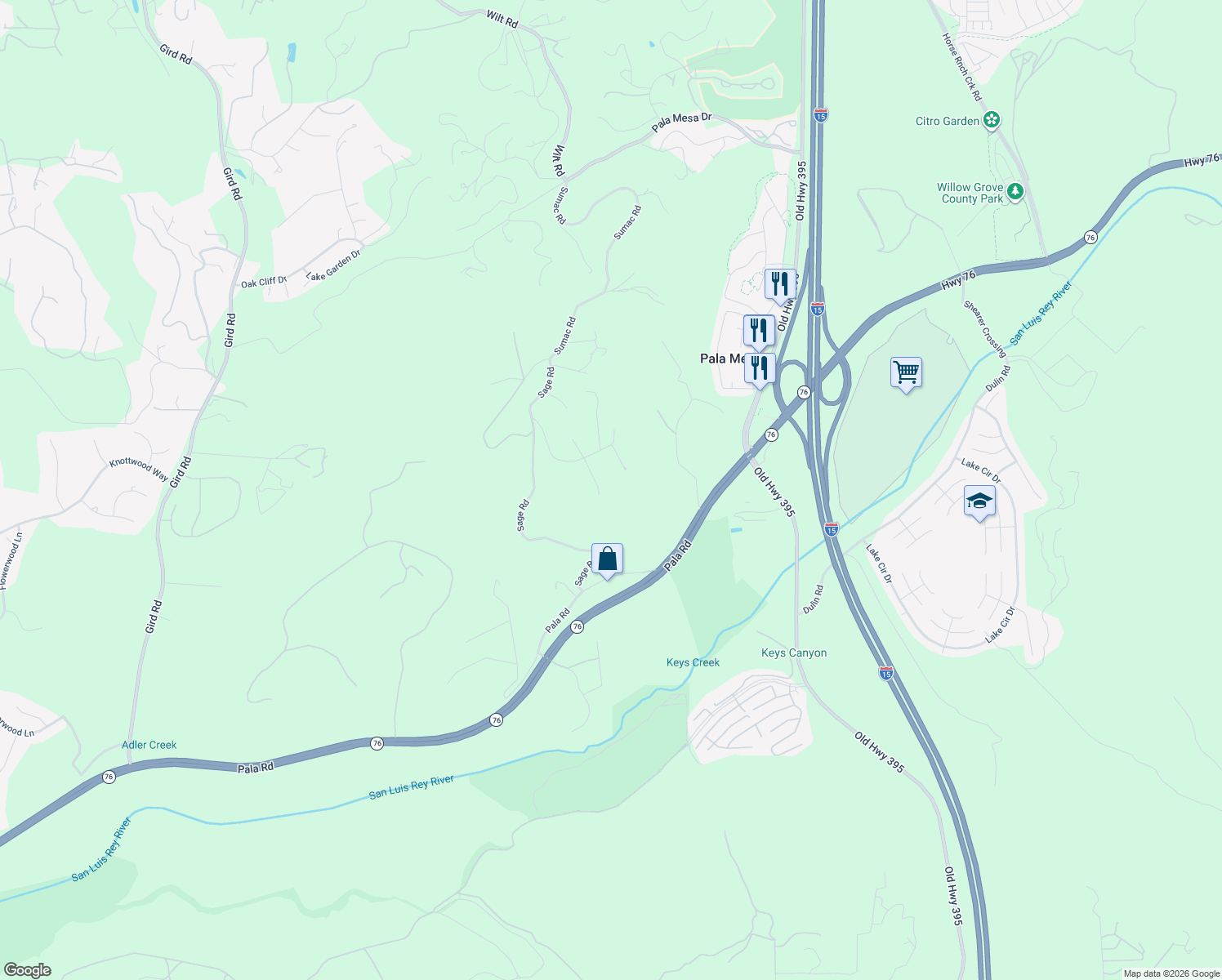 map of restaurants, bars, coffee shops, grocery stores, and more near 4417 Brodea Lane in Fallbrook