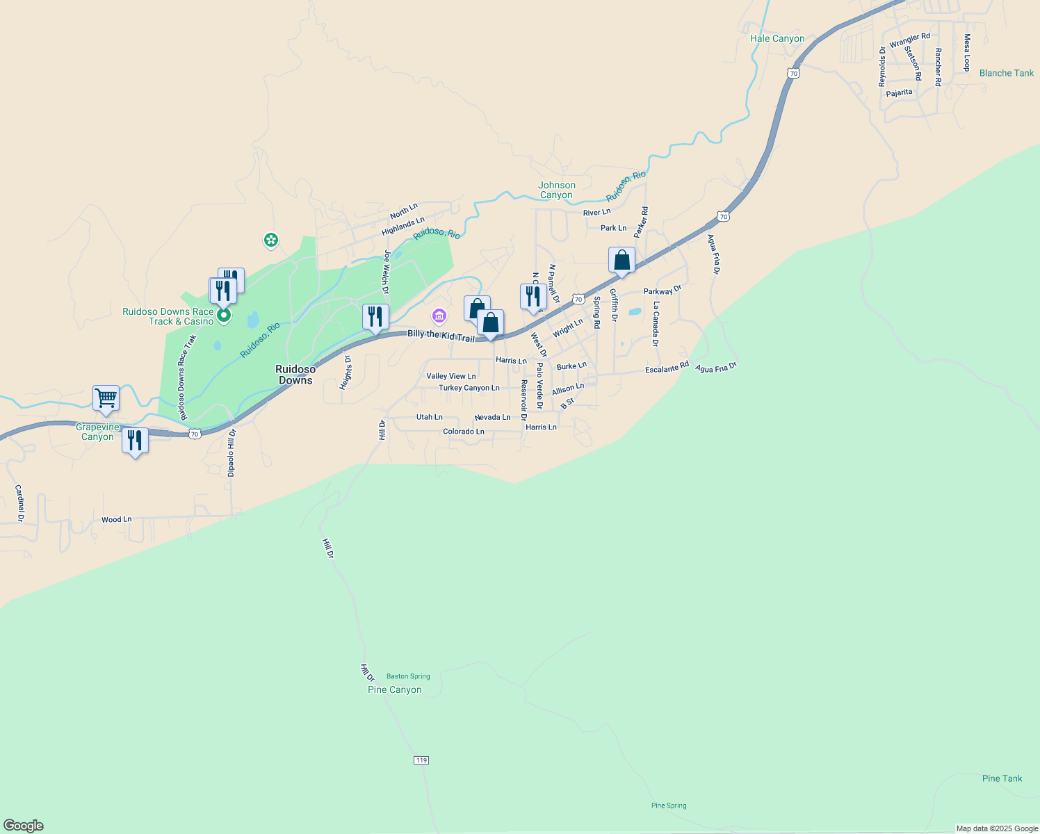 map of restaurants, bars, coffee shops, grocery stores, and more near 699 Nevada Ln in Ruidoso Downs