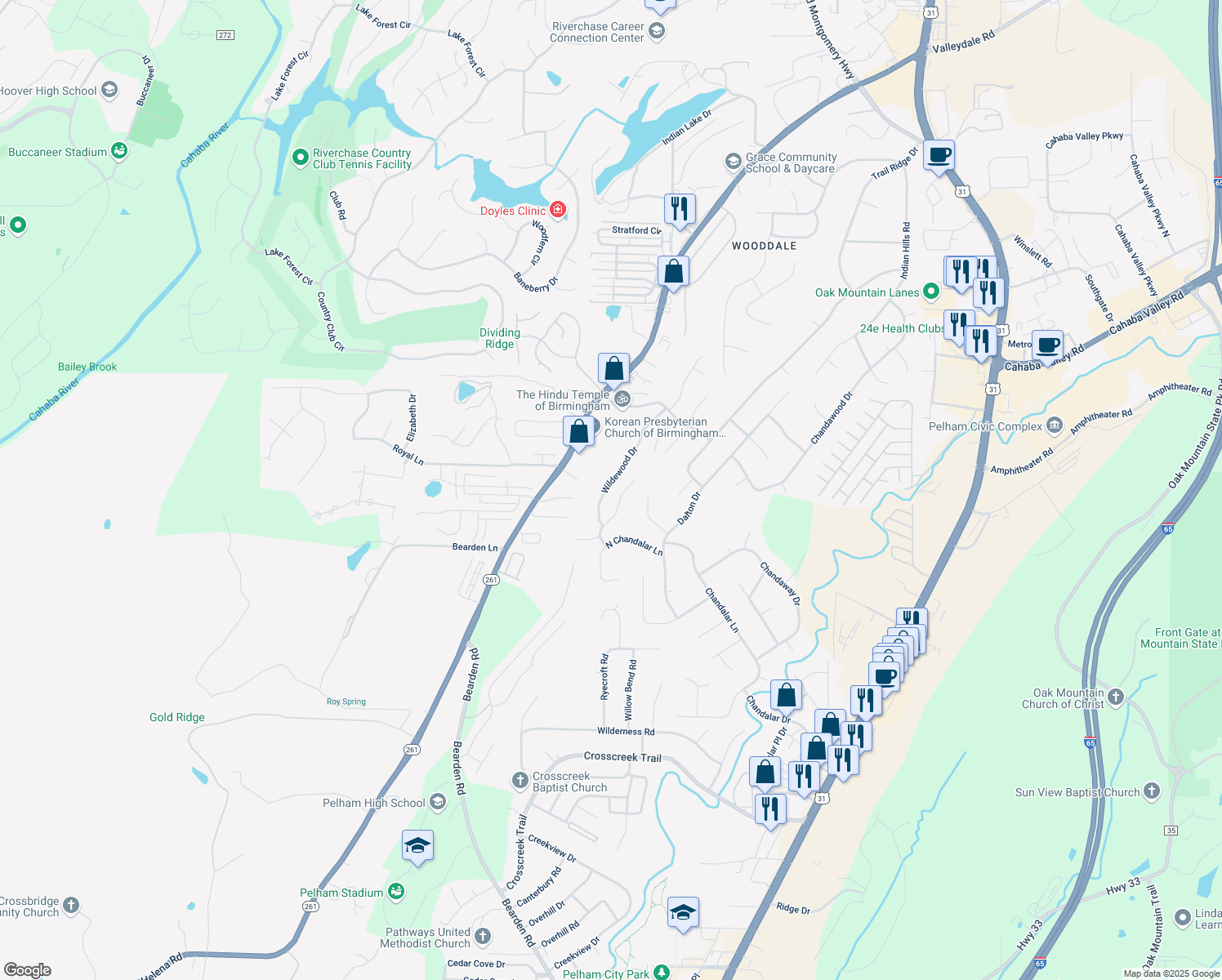 map of restaurants, bars, coffee shops, grocery stores, and more near 3488 Wildewood Drive in Pelham