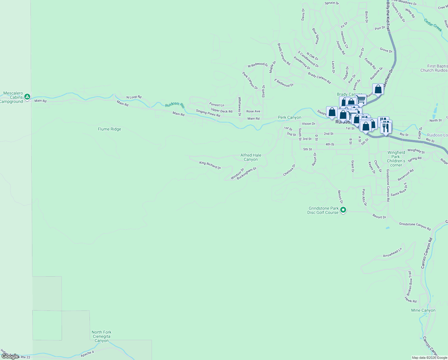 map of restaurants, bars, coffee shops, grocery stores, and more near Ivanhoe Road in Ruidoso