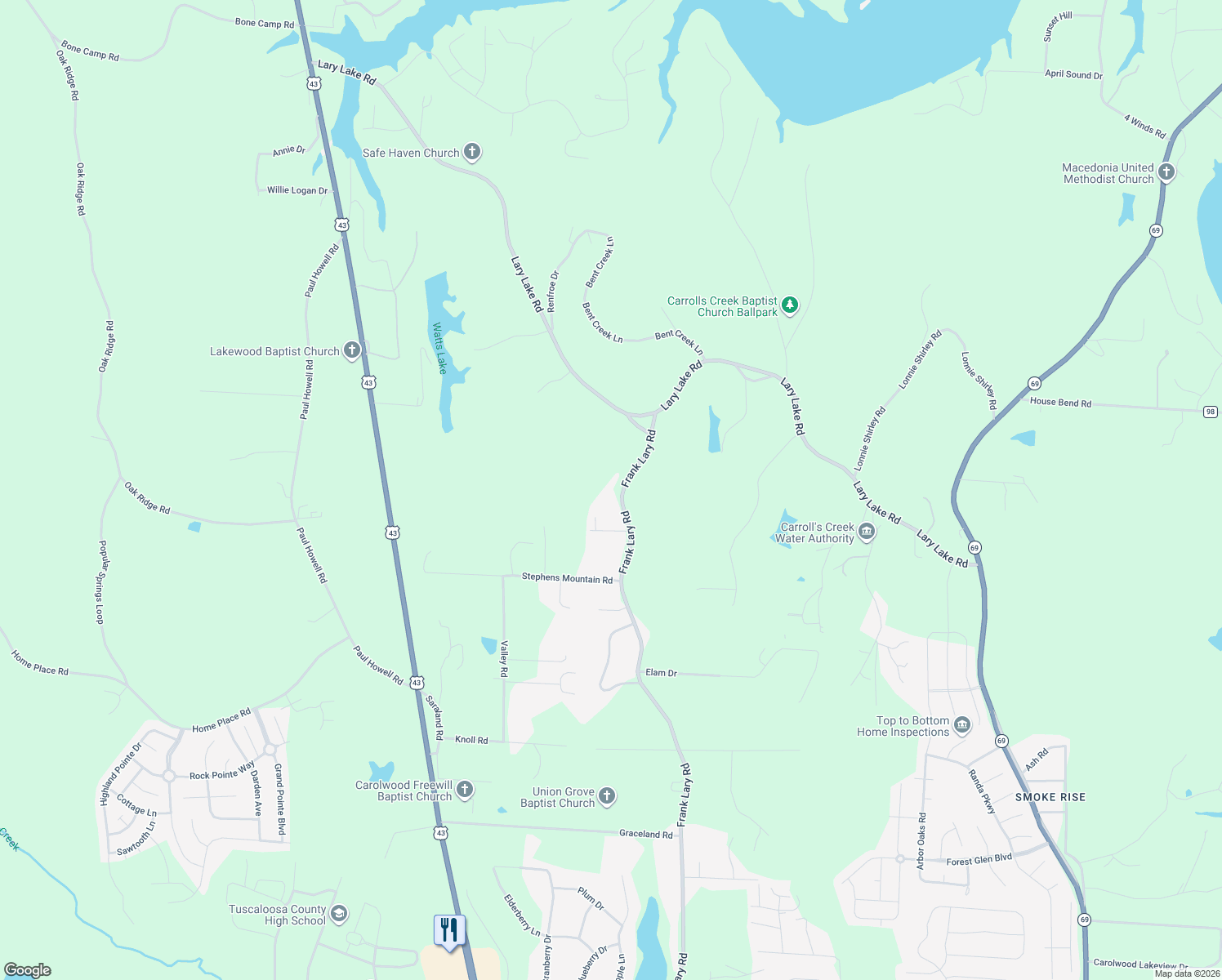 map of restaurants, bars, coffee shops, grocery stores, and more near 14338 Frank Lary Road in Northport