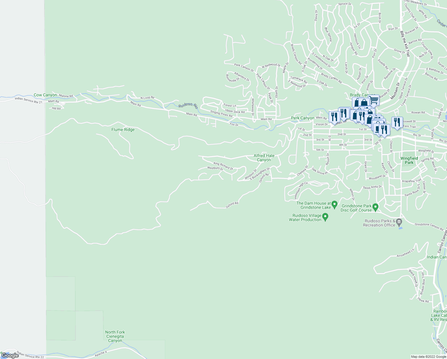 map of restaurants, bars, coffee shops, grocery stores, and more near 103 Abbey Place in Ruidoso