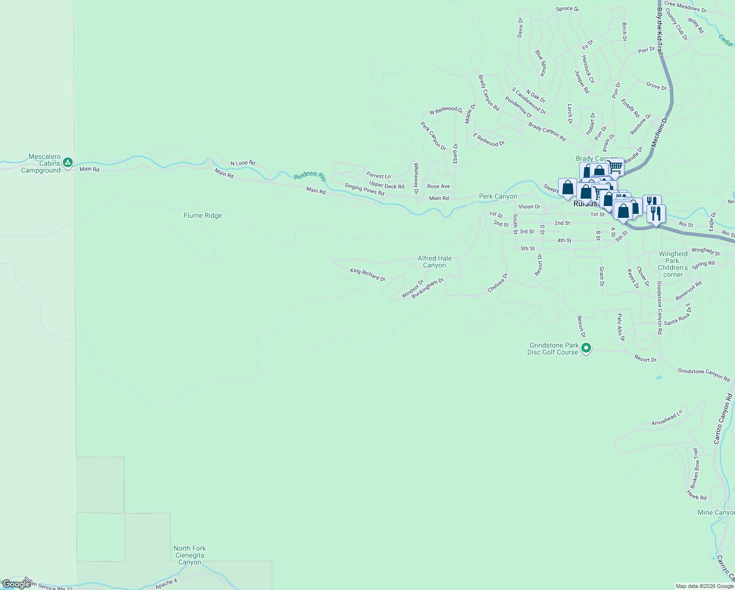 map of restaurants, bars, coffee shops, grocery stores, and more near 103 Abbey Place in Ruidoso