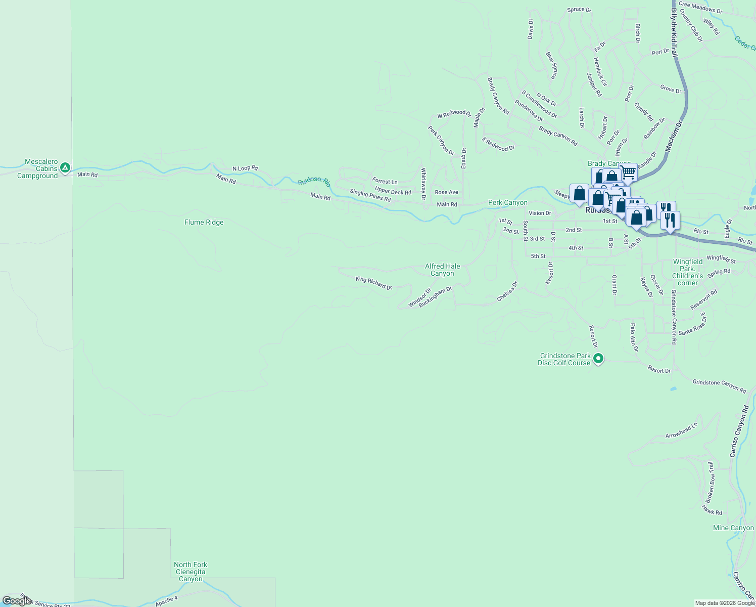 map of restaurants, bars, coffee shops, grocery stores, and more near 103 Abbey Place in Ruidoso