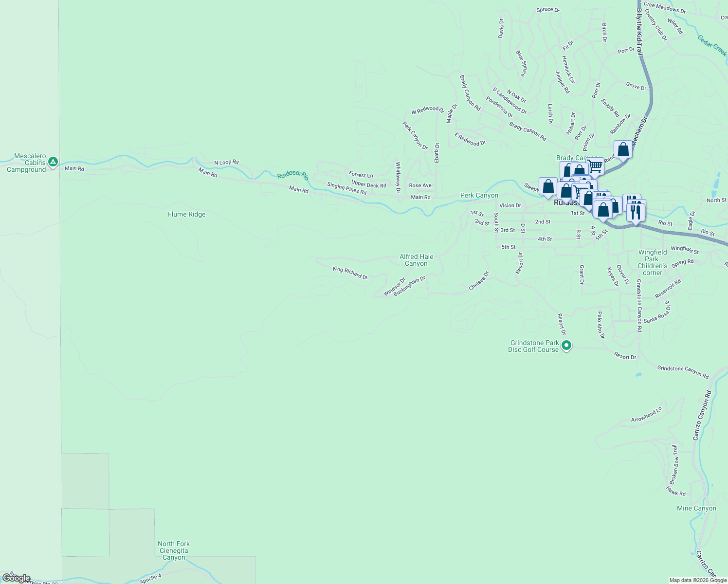 map of restaurants, bars, coffee shops, grocery stores, and more near Ivanhoe Road in Ruidoso