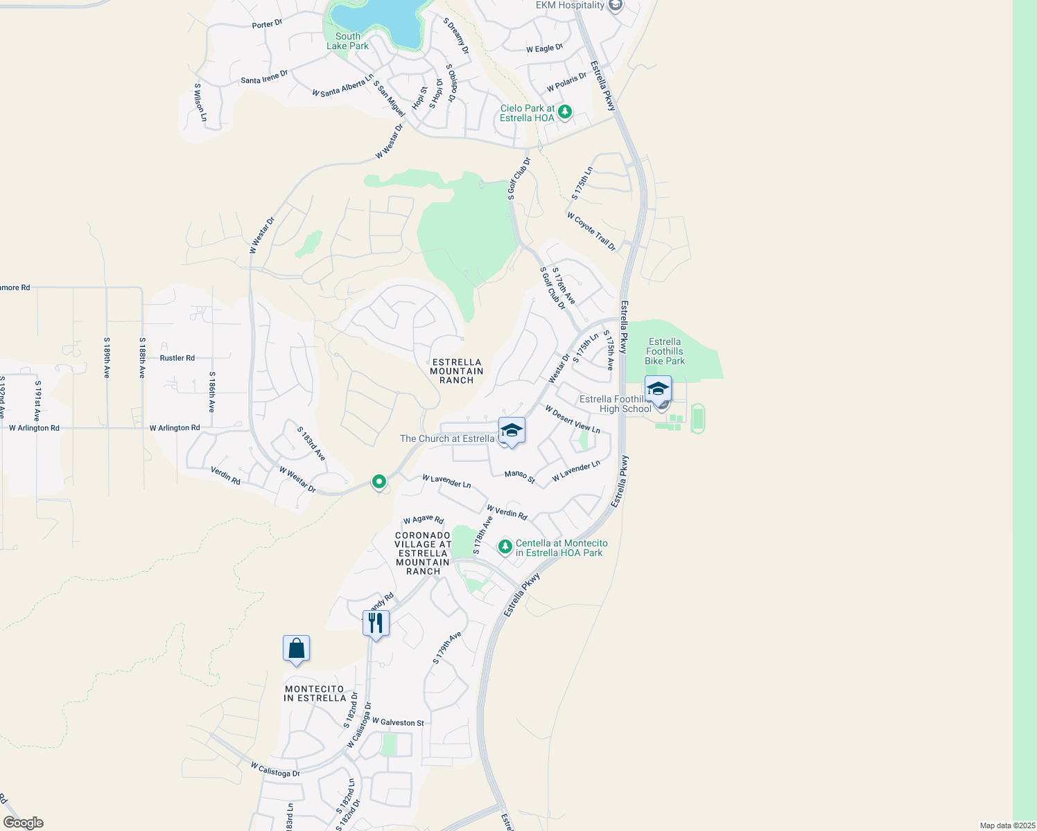 map of restaurants, bars, coffee shops, grocery stores, and more near 17727 W Desert View Ln in Goodyear