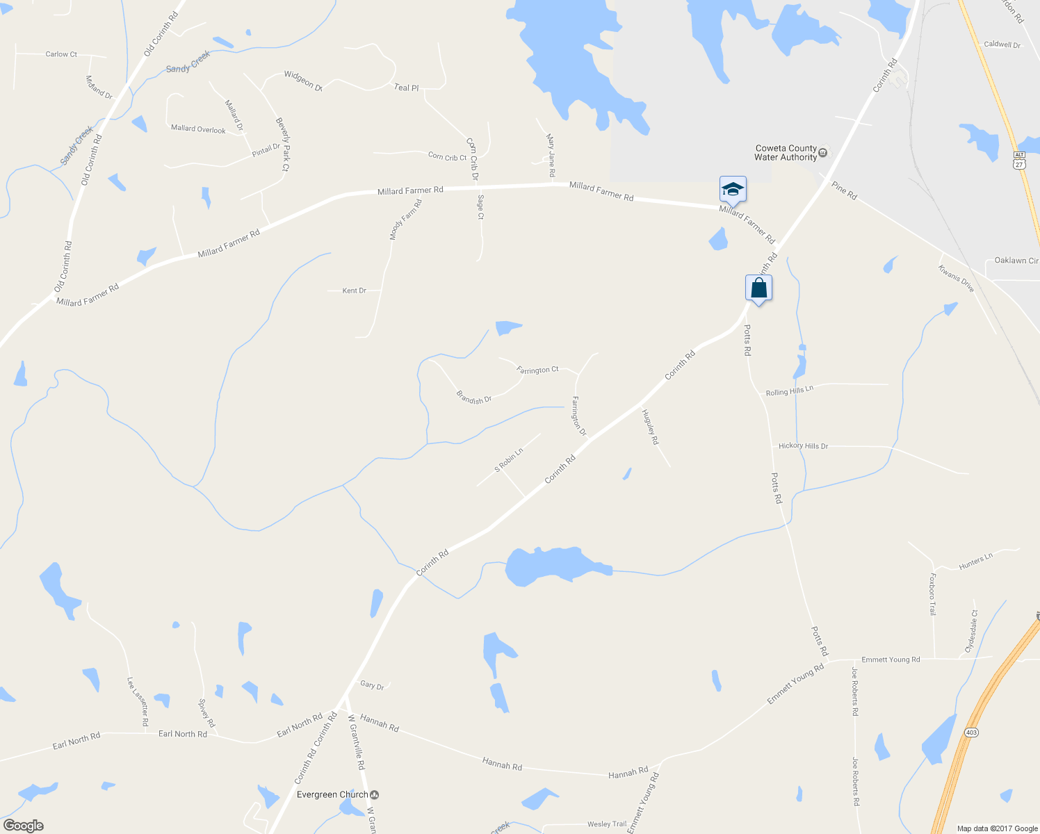 map of restaurants, bars, coffee shops, grocery stores, and more near 46 Brandish Drive in Newnan