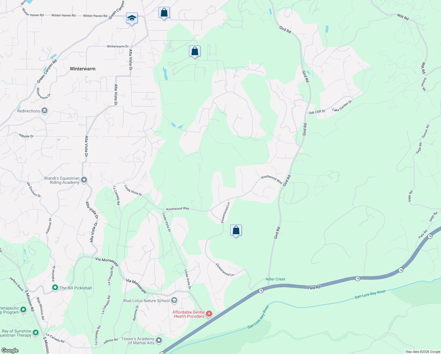 map of restaurants, bars, coffee shops, grocery stores, and more near 3522 Lancewood Way in Fallbrook