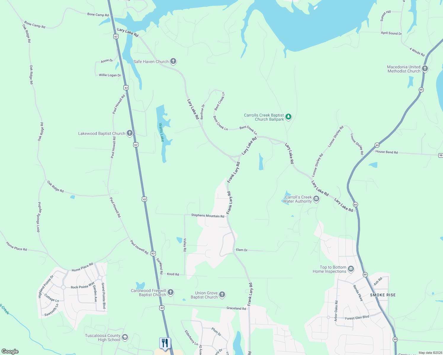 map of restaurants, bars, coffee shops, grocery stores, and more near 14338 Frank Lary Road in Northport