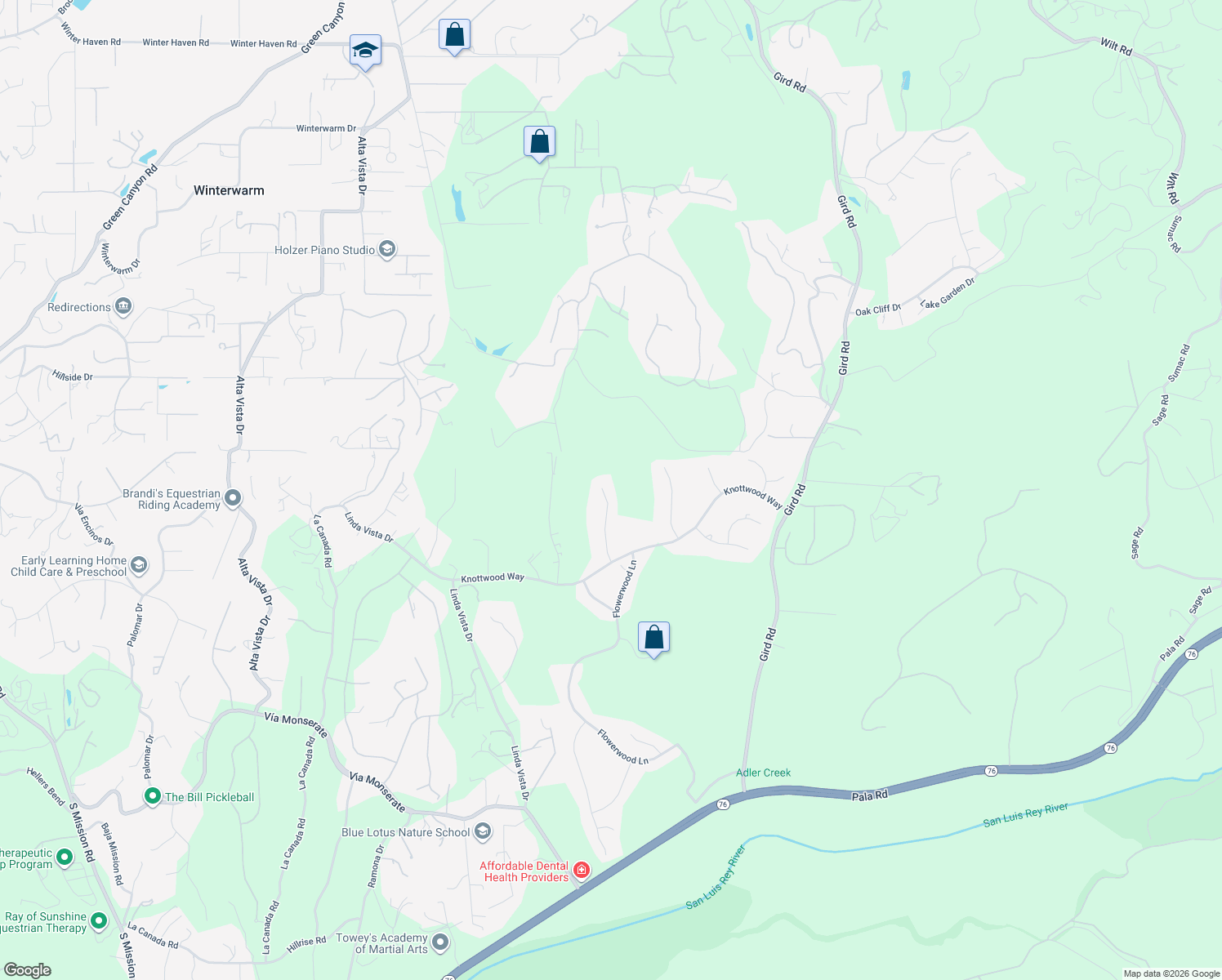 map of restaurants, bars, coffee shops, grocery stores, and more near 3522 Lancewood Way in Fallbrook