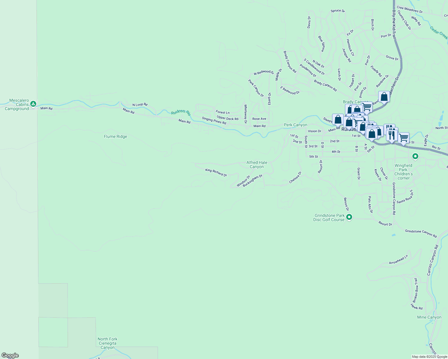 map of restaurants, bars, coffee shops, grocery stores, and more near King Richard Dr in Ruidoso