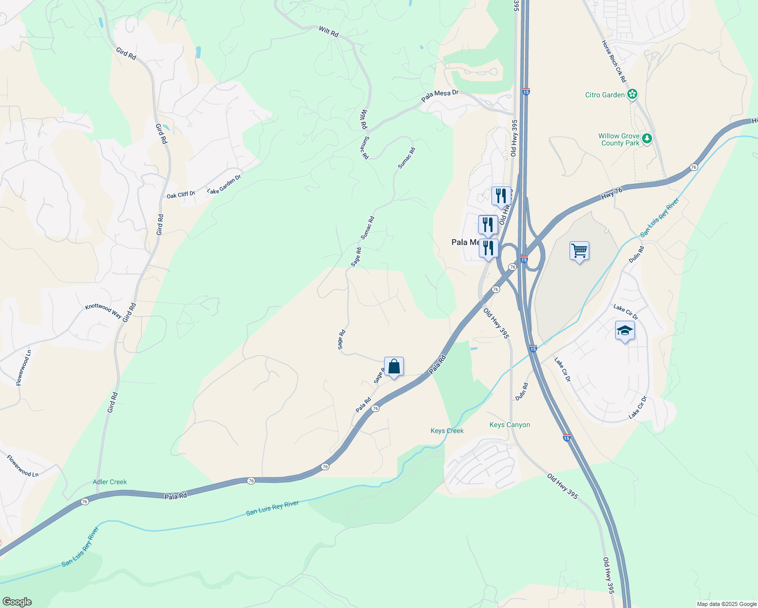 map of restaurants, bars, coffee shops, grocery stores, and more near Brodea Lane in San Diego County