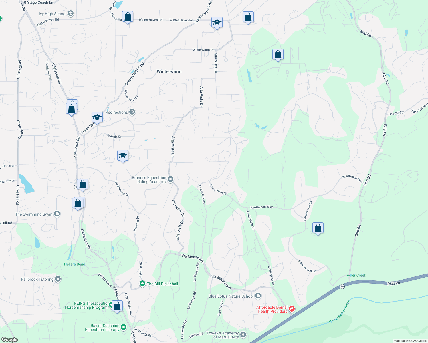 map of restaurants, bars, coffee shops, grocery stores, and more near 3600 Linda Vista Drive in Fallbrook