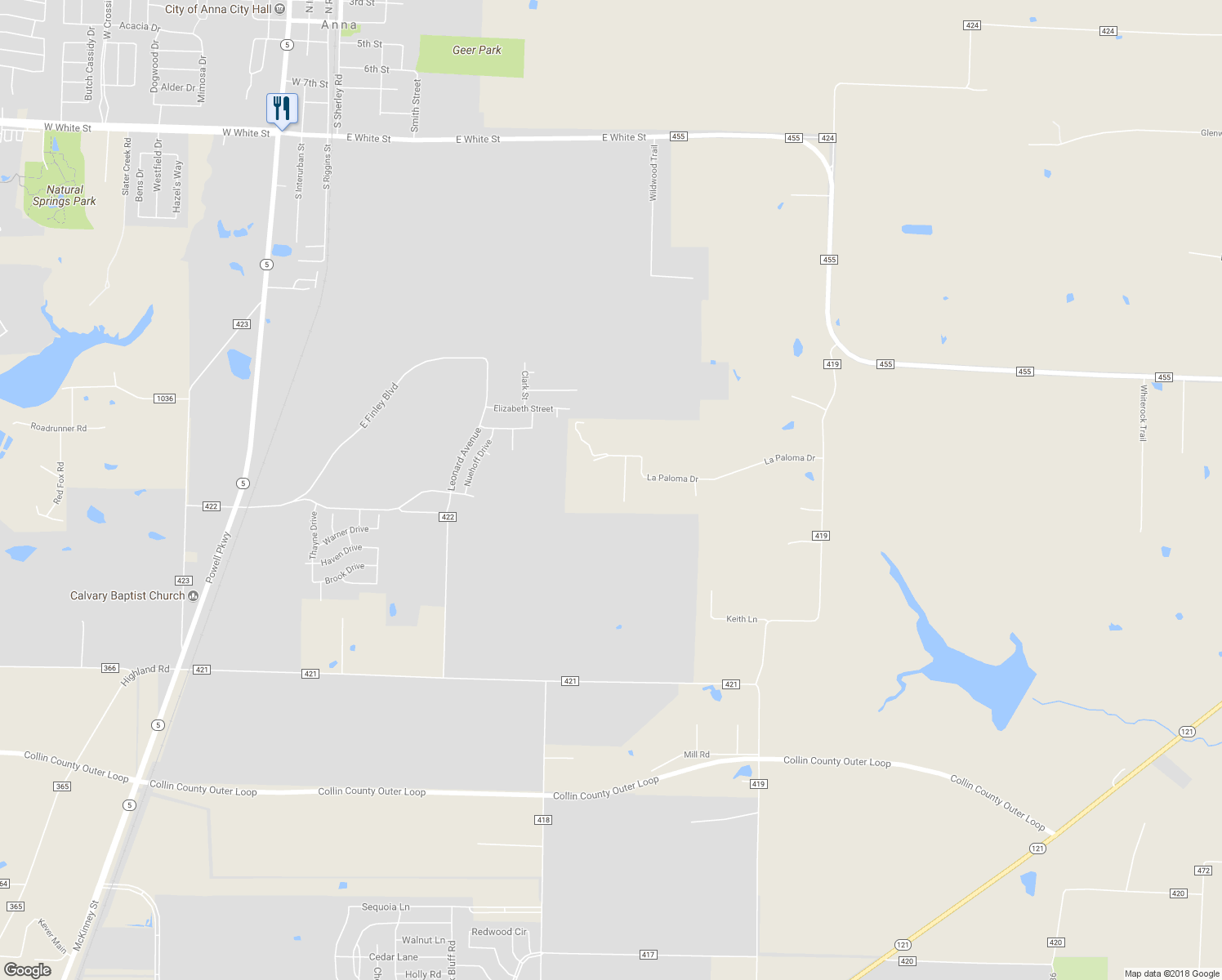 map of restaurants, bars, coffee shops, grocery stores, and more near 3216 La Paloma Drive in Anna