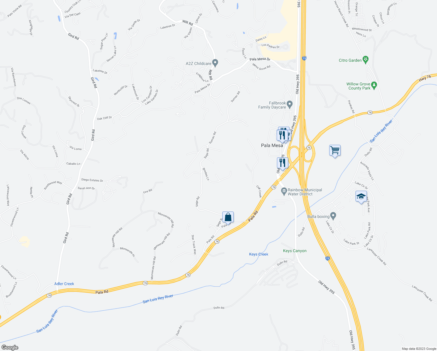 map of restaurants, bars, coffee shops, grocery stores, and more near 4408 Brodea Lane in Fallbrook