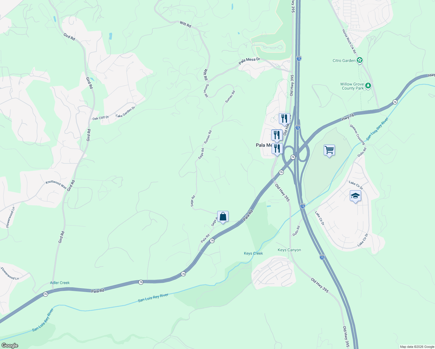 map of restaurants, bars, coffee shops, grocery stores, and more near 4412 Brodea Lane in Fallbrook