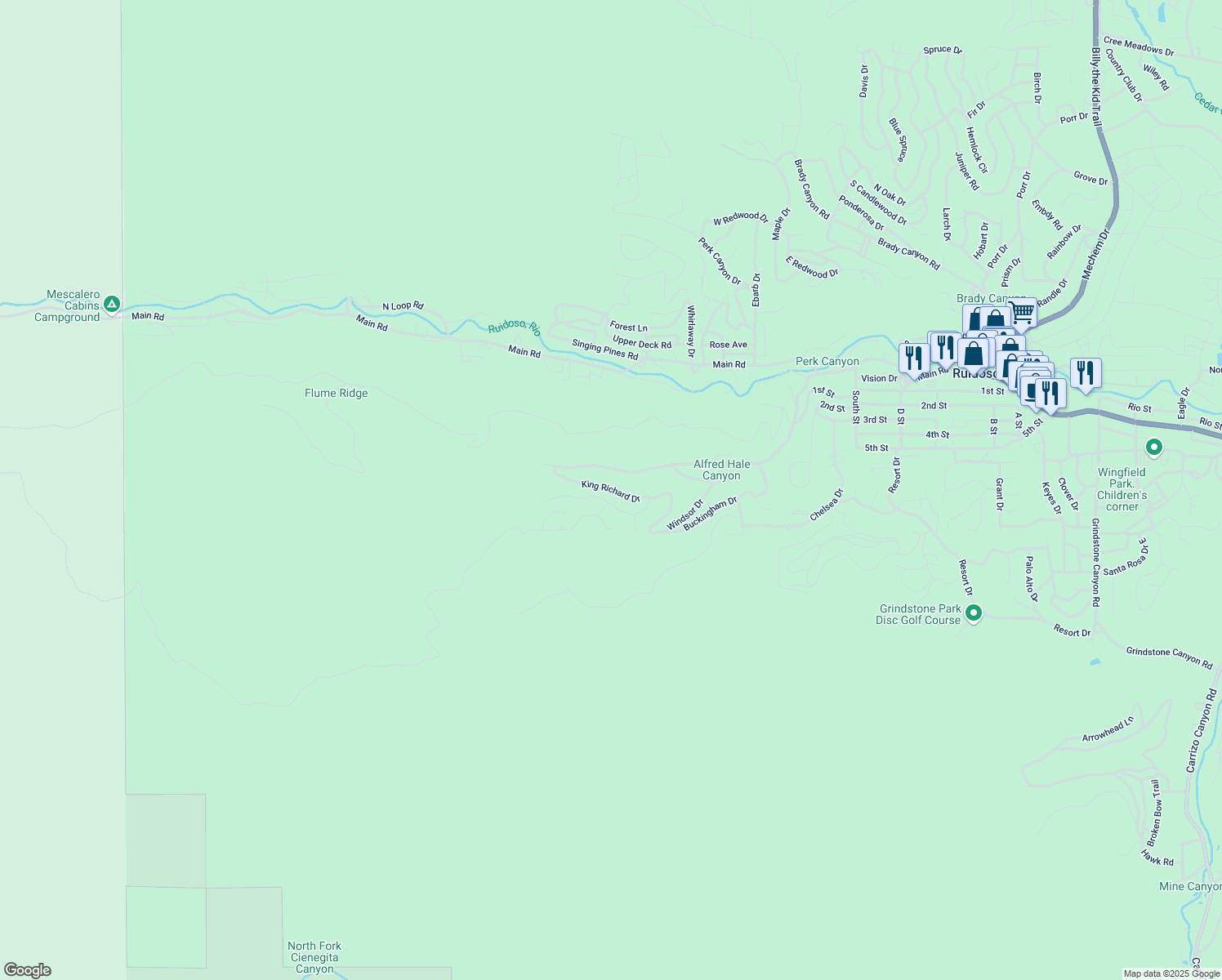 map of restaurants, bars, coffee shops, grocery stores, and more near King Richard Drive in Ruidoso