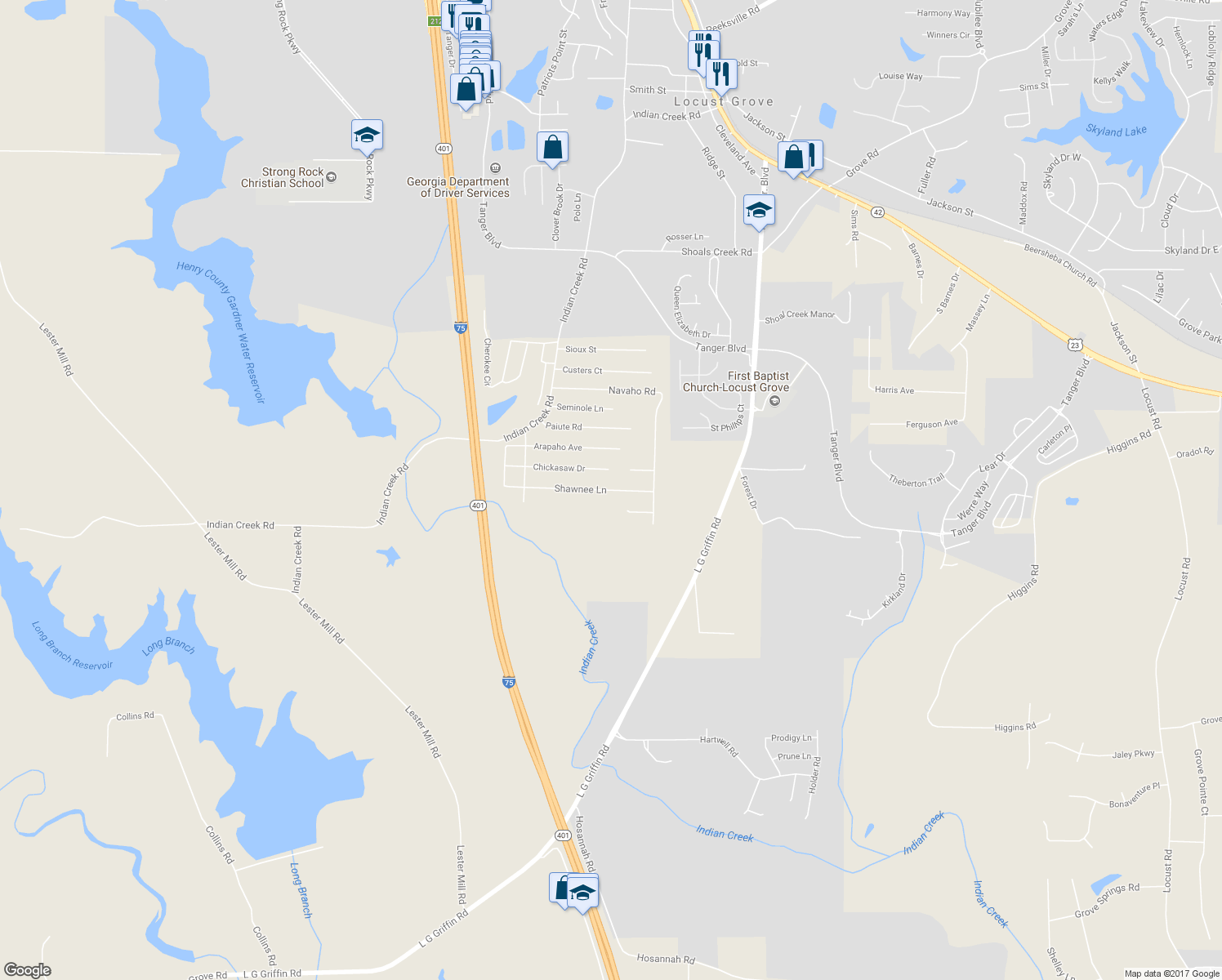 map of restaurants, bars, coffee shops, grocery stores, and more near 167 Shawnee Lane in Locust Grove