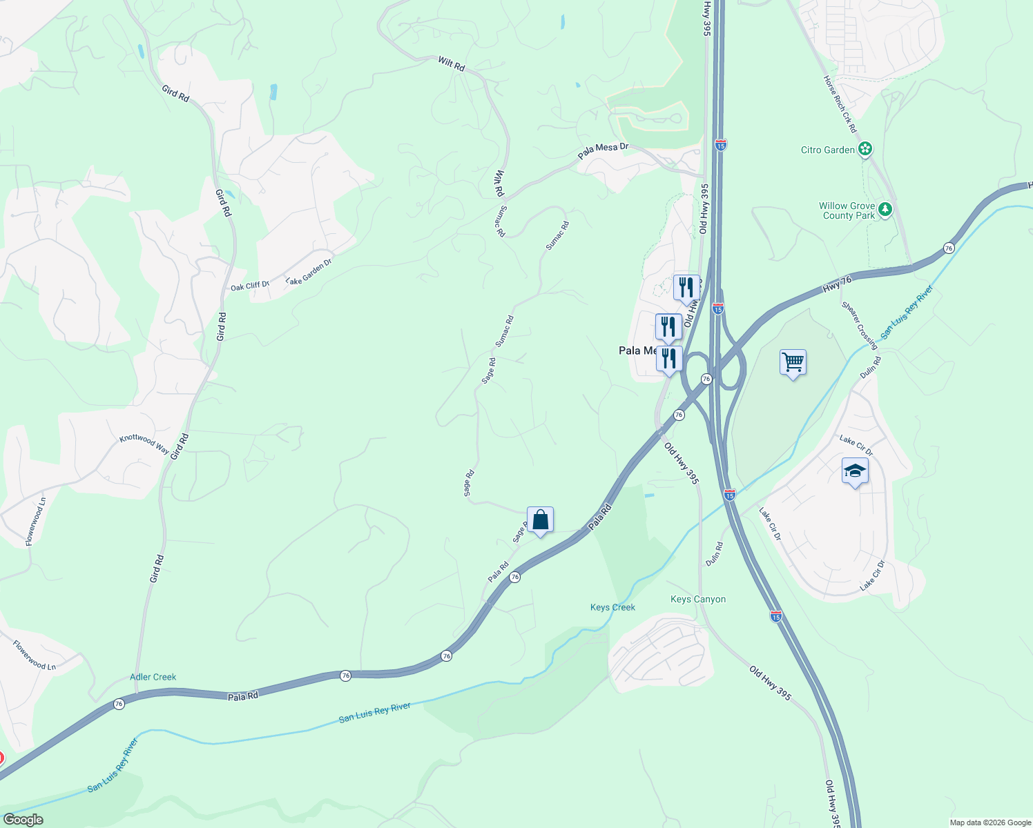 map of restaurants, bars, coffee shops, grocery stores, and more near 4412 Brodea Lane in Fallbrook