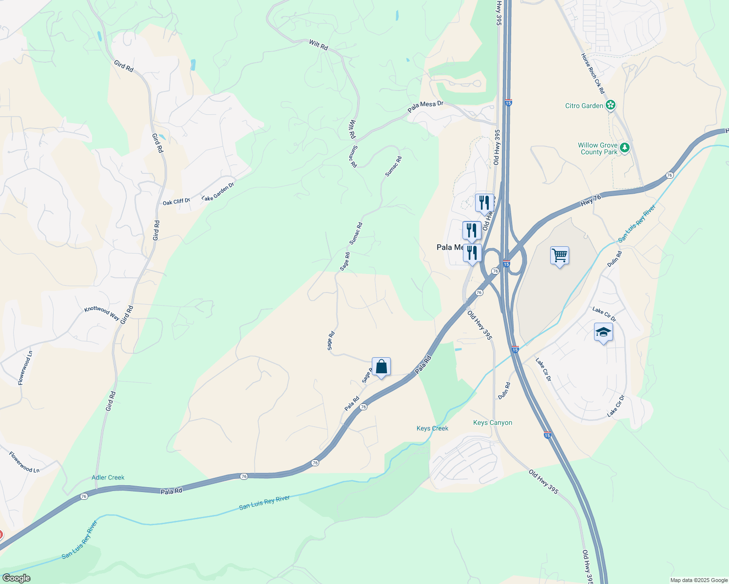 map of restaurants, bars, coffee shops, grocery stores, and more near 4408 Brodea Lane in Fallbrook