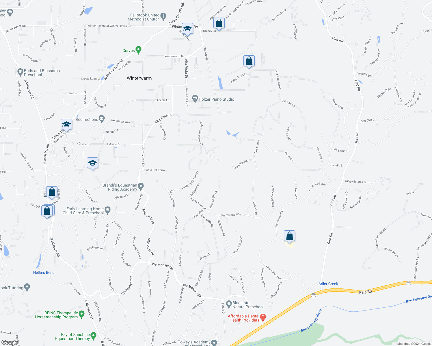 map of restaurants, bars, coffee shops, grocery stores, and more near 3505 Vista Laguna Road in Fallbrook
