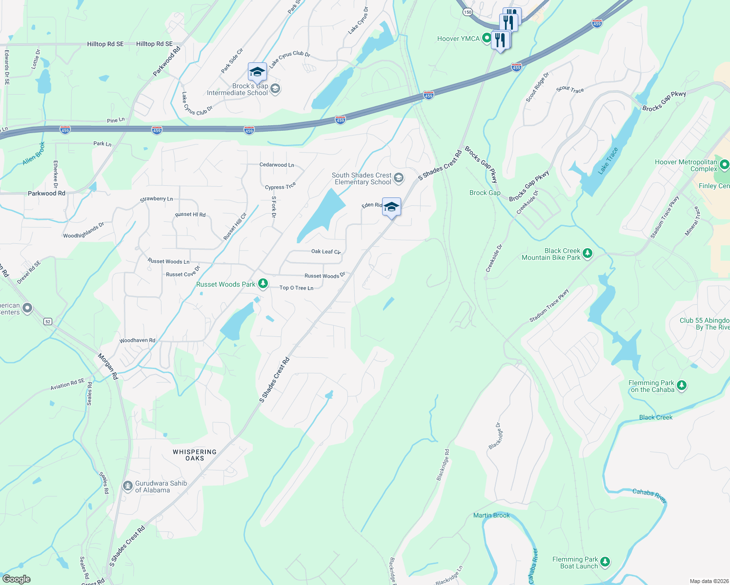 map of restaurants, bars, coffee shops, grocery stores, and more near 6149 Rushing Parc Lane in Birmingham