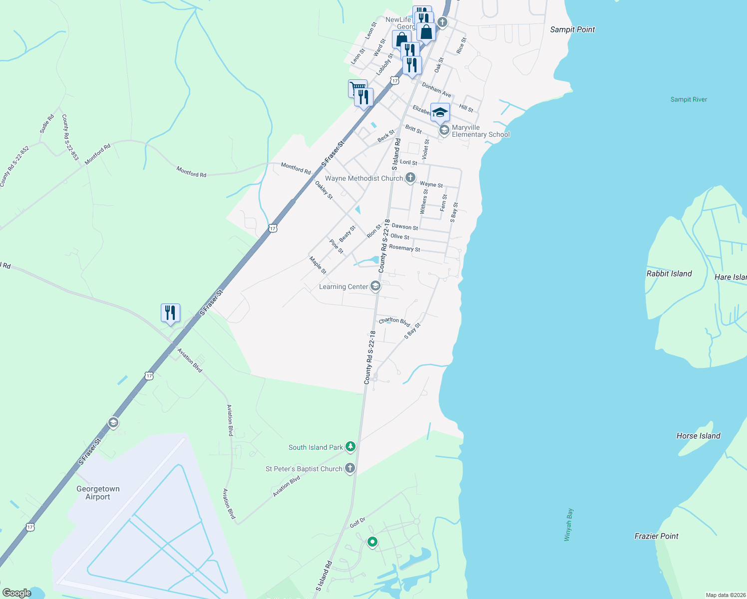 map of restaurants, bars, coffee shops, grocery stores, and more near 2734 South Island Road in Georgetown
