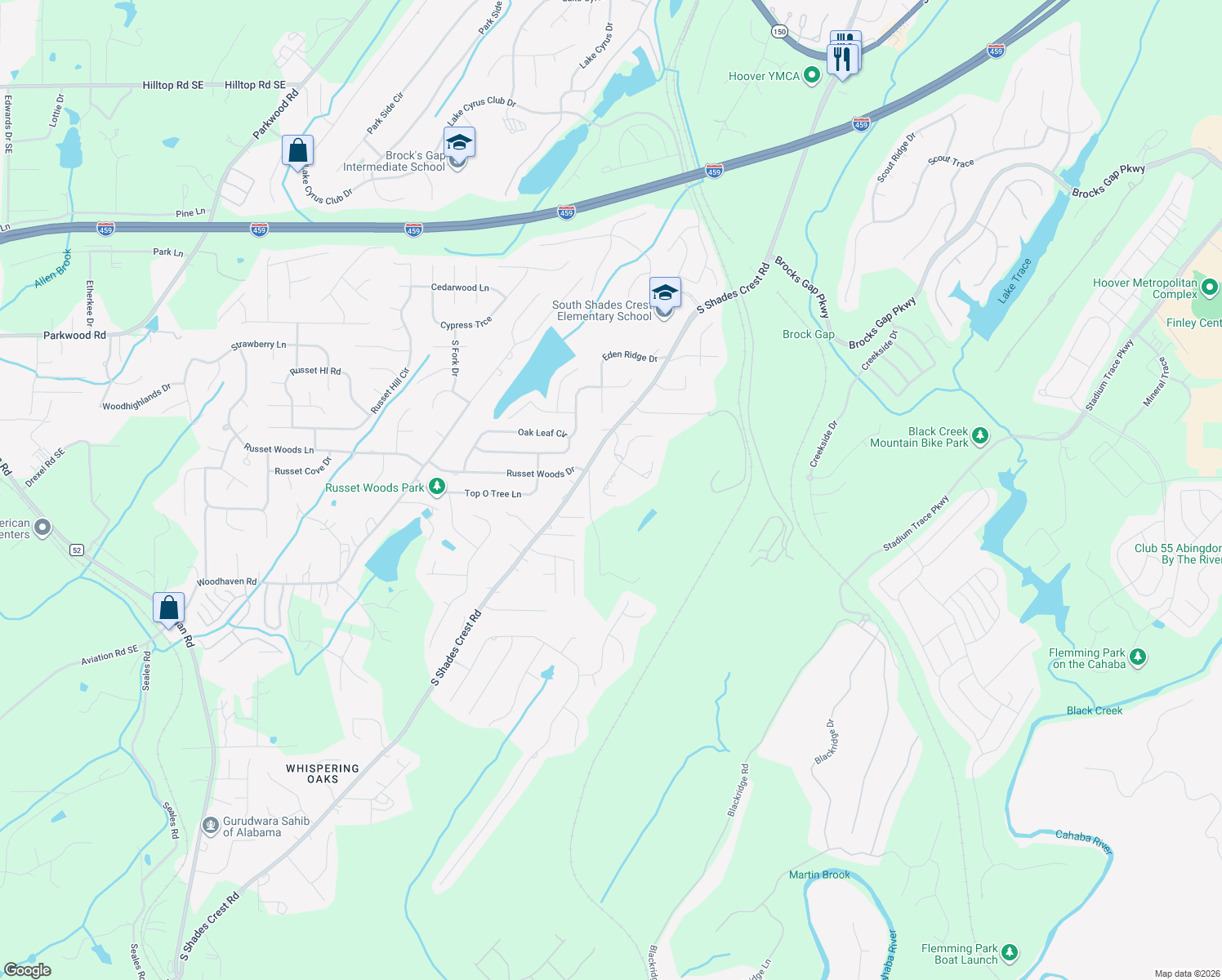 map of restaurants, bars, coffee shops, grocery stores, and more near 6149 Rushing Parc Lane in Birmingham