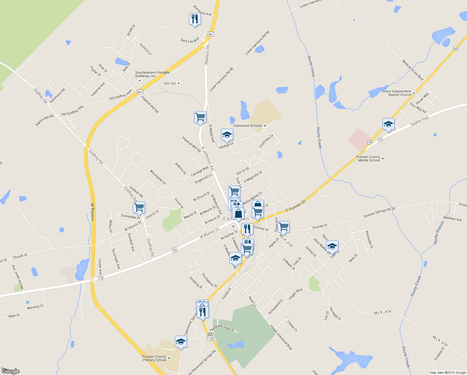 map of restaurants, bars, coffee shops, grocery stores, and more near N Maple St in Eatonton