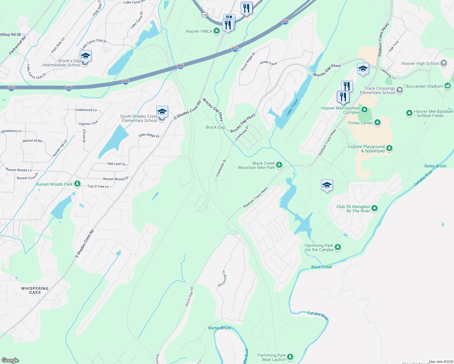 map of restaurants, bars, coffee shops, grocery stores, and more near 6401 Black Creek Loop South in Hoover