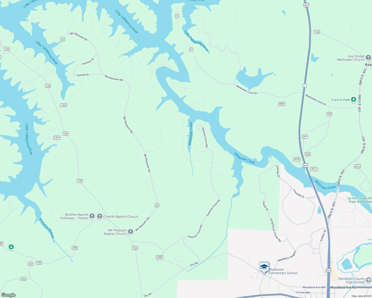 map of restaurants, bars, coffee shops, grocery stores, and more near 84 Wadeeta Drive in Wedowee