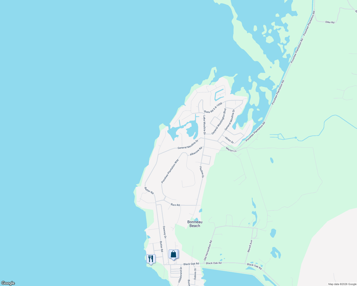 map of restaurants, bars, coffee shops, grocery stores, and more near 105 Jack's Lane in Bonneau