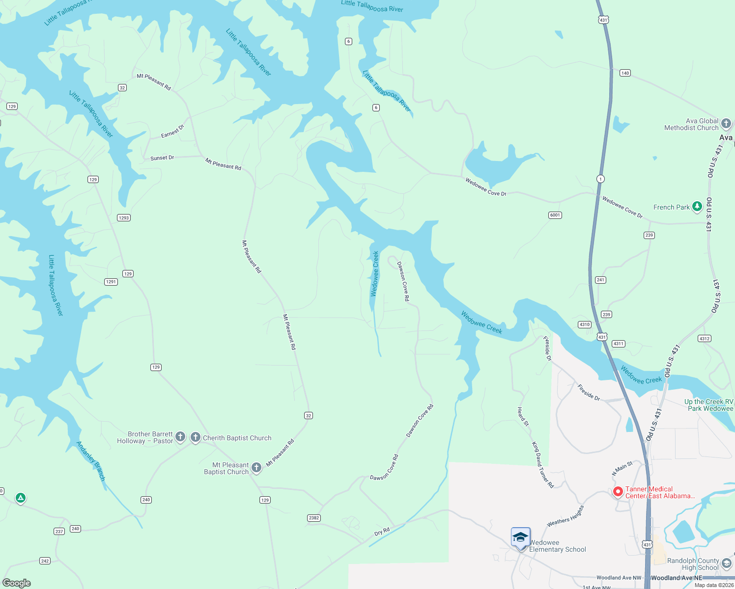 map of restaurants, bars, coffee shops, grocery stores, and more near 259 Wadeeta Drive in Wedowee