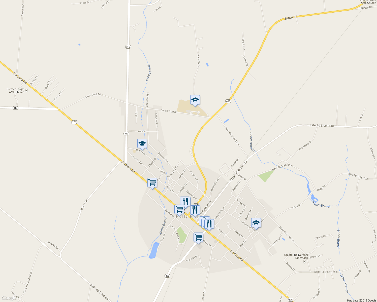 map of restaurants, bars, coffee shops, grocery stores, and more near 2410 Eutaw Road in Holly Hill