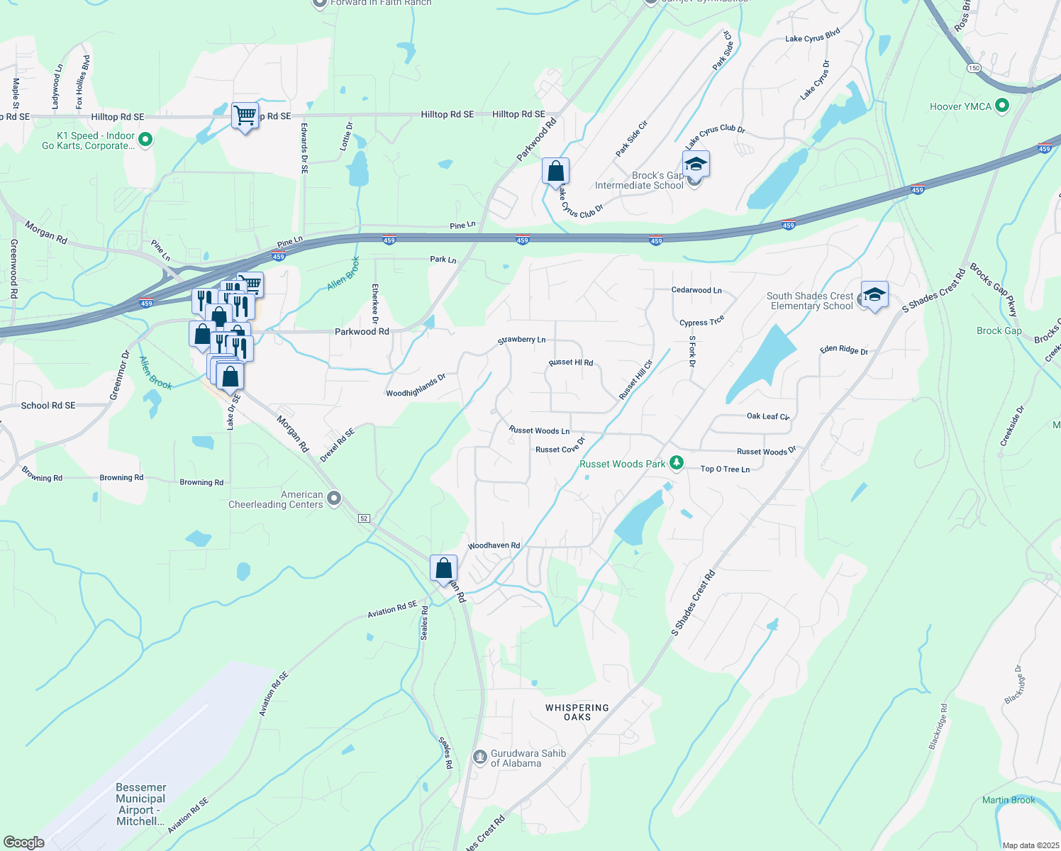 map of restaurants, bars, coffee shops, grocery stores, and more near 1788 Russet Woods Lane in Hoover