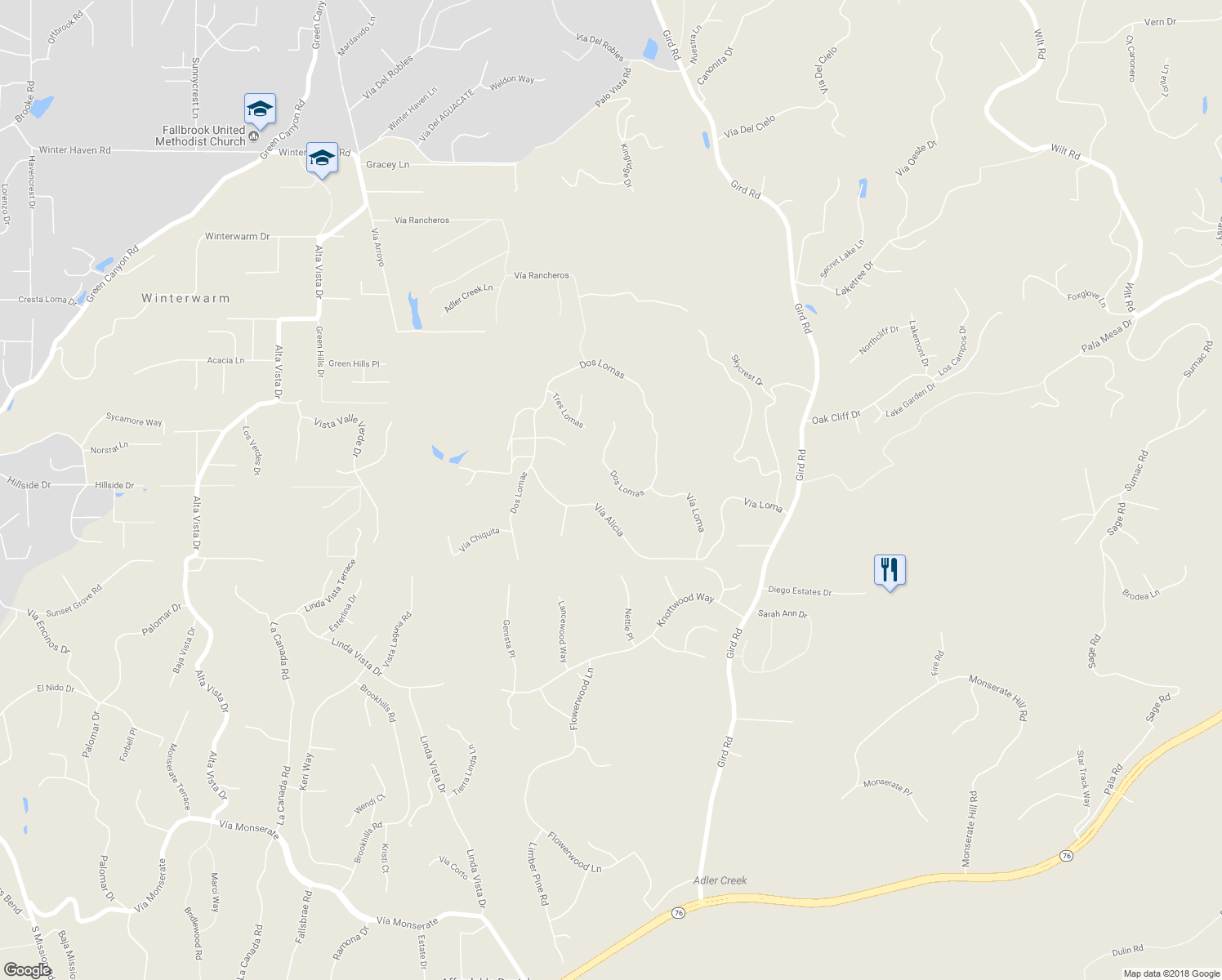 map of restaurants, bars, coffee shops, grocery stores, and more near 2347 Dos Lomas in Fallbrook