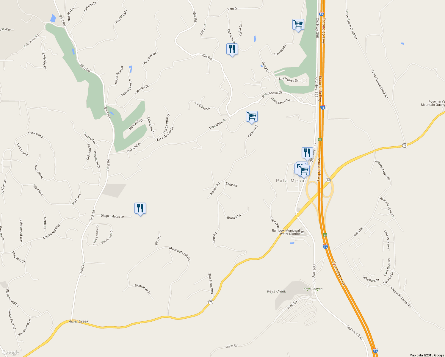 map of restaurants, bars, coffee shops, grocery stores, and more near 3173 Sumac Road in Fallbrook