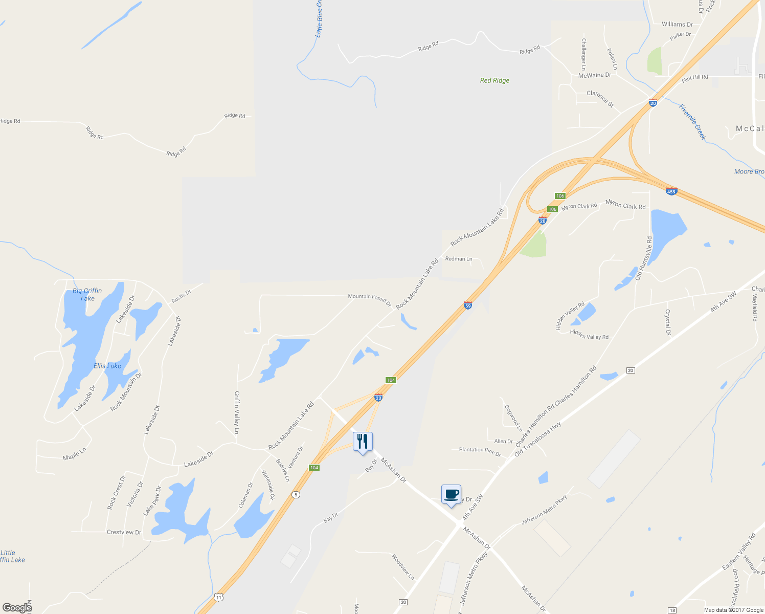 map of restaurants, bars, coffee shops, grocery stores, and more near 6125 Rock Mountain Lake Road in McCalla