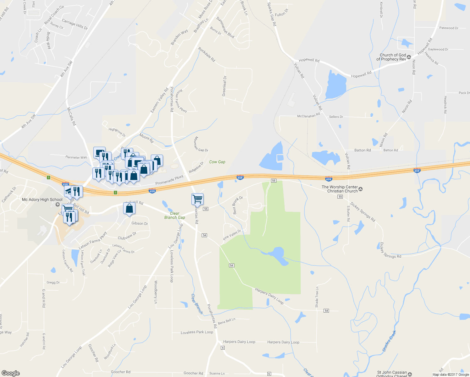 map of restaurants, bars, coffee shops, grocery stores, and more near 7991 Dickey Springs Road in Bessemer