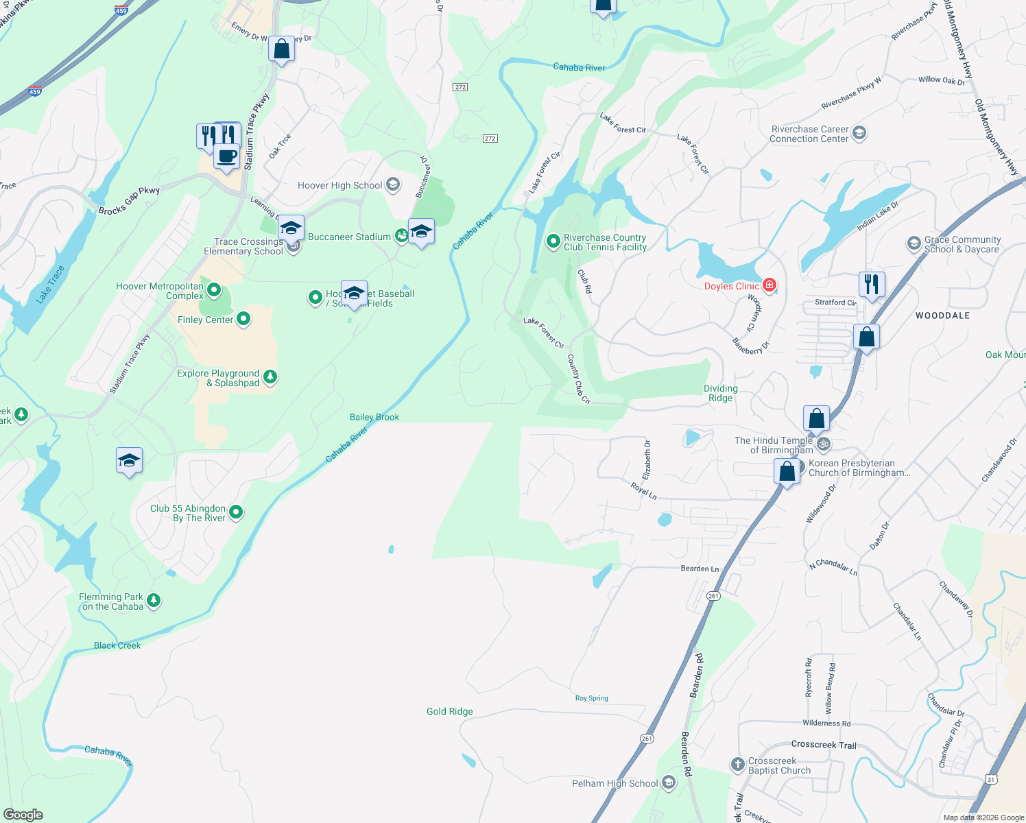map of restaurants, bars, coffee shops, grocery stores, and more near 1529 Fairway Drive in Hoover