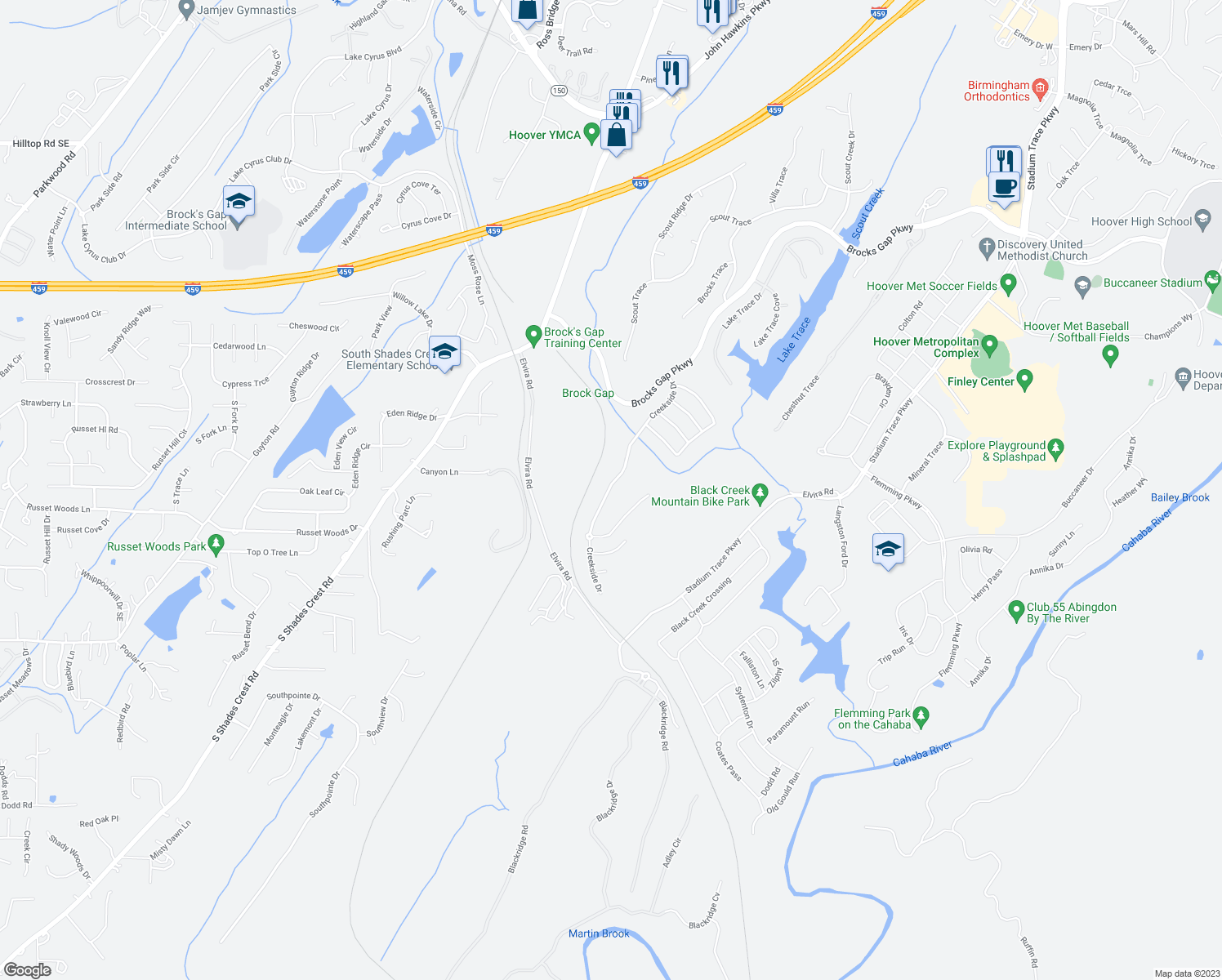 map of restaurants, bars, coffee shops, grocery stores, and more near 1620 Creekside Drive in Hoover