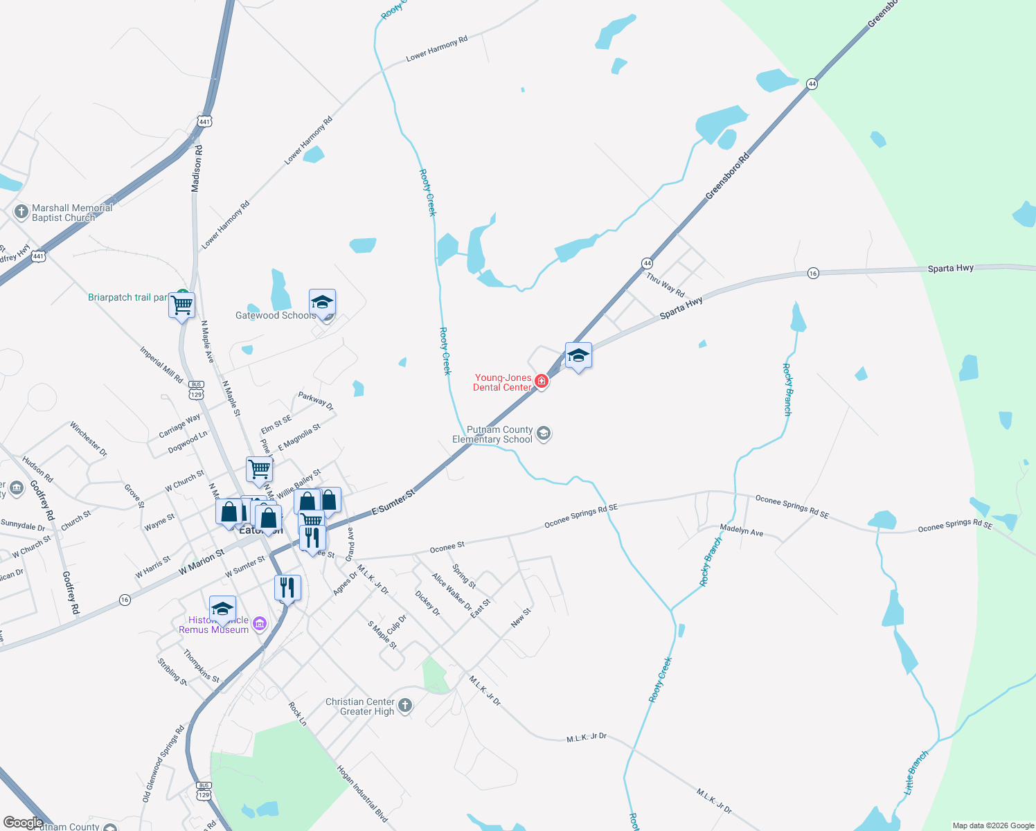 map of restaurants, bars, coffee shops, grocery stores, and more near 120 Sparta Highway in Eatonton