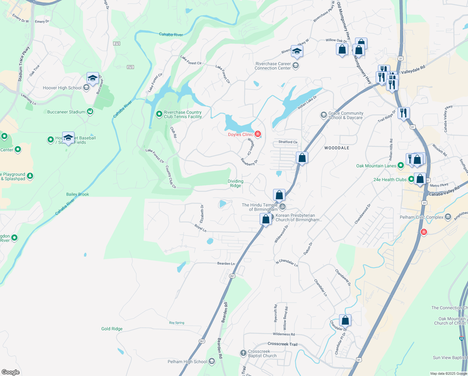 map of restaurants, bars, coffee shops, grocery stores, and more near 1100 Country Club Circle in Birmingham