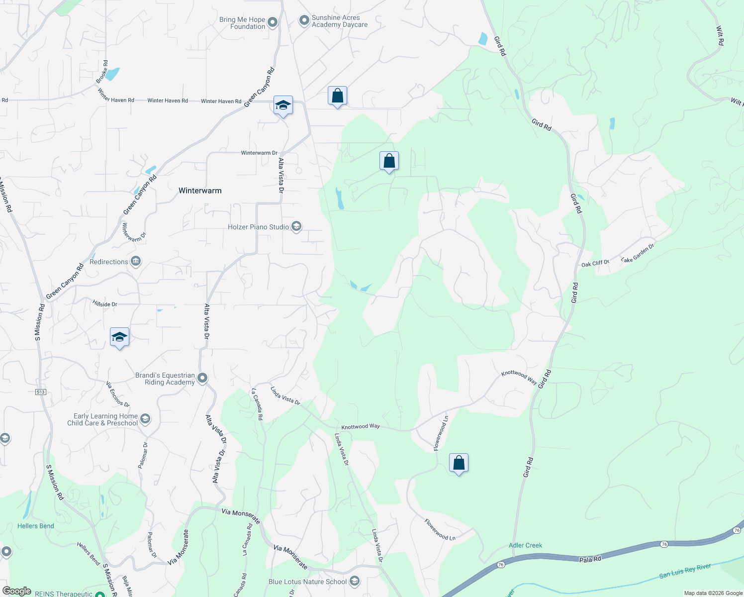 map of restaurants, bars, coffee shops, grocery stores, and more near 2230 Calle Dos Lomas in Fallbrook