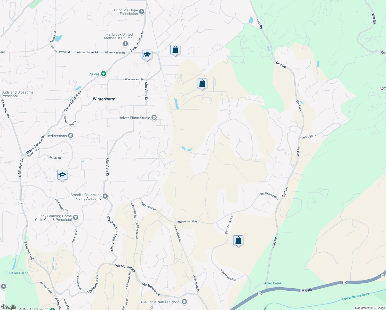 map of restaurants, bars, coffee shops, grocery stores, and more near 2230 Calle Dos Lomas in Fallbrook